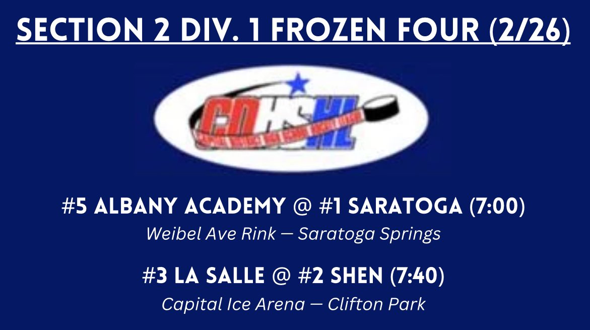 Sec2hockey's tweet image. Section 2 Frozen Four is set! Both games will be played Wednesday, Feb. 26 #518hockey