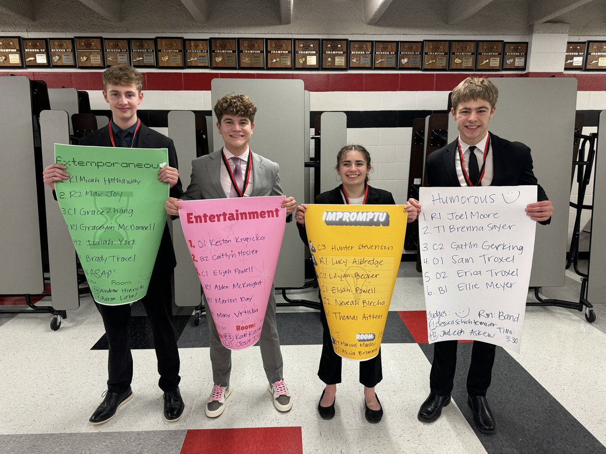We took 8 speakers to Pawnee City to make up for missing out on our meet at David City last weekend. We battled with tough competition and placed 4th as a team and had 4 event champions. 

These 8 speakers chose to get better this weekend and we are thankful!