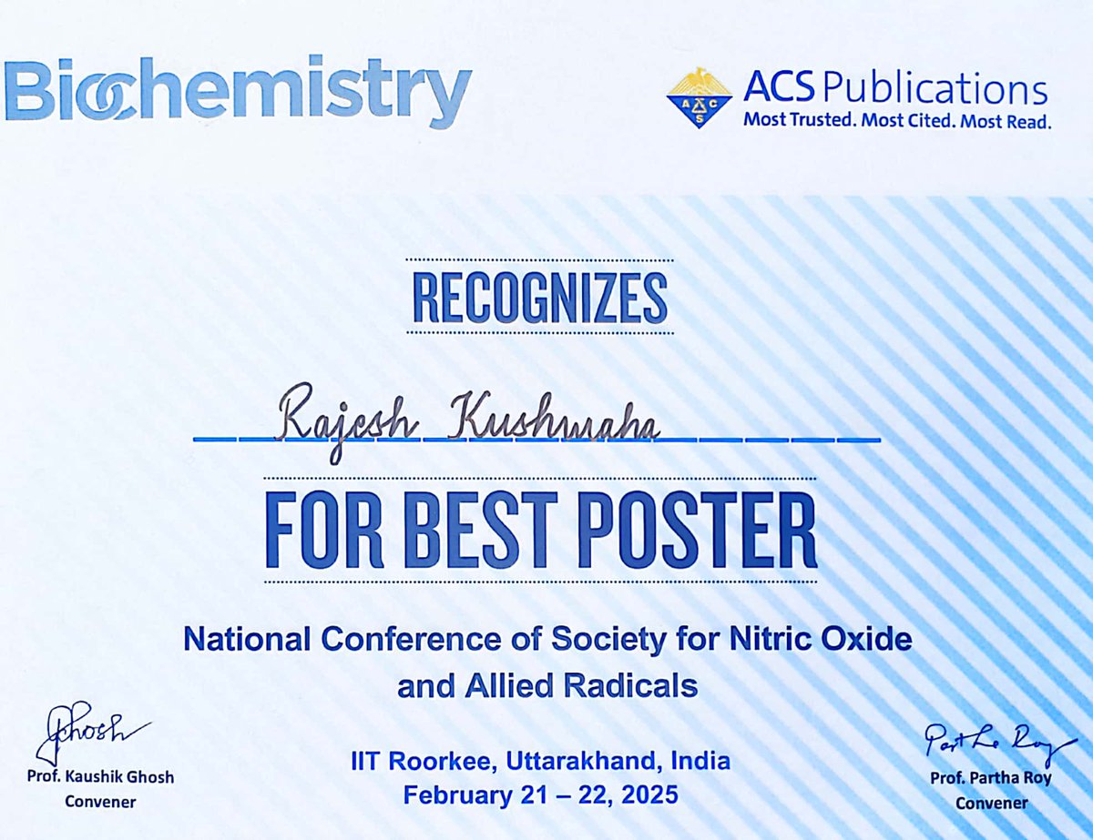 Aweeome week!  Happy to share that I received the ACS Best Poster prize at SNOAR 2025, IIT Roorkee! Re(I) tricarbonyl complexes for cancer therapy. Grateful for the recognition and inspiring discussions! #SNOAR2025 #CancerResearch #Phototherapy <a href="/ACSPublications/">ACS Publications</a>