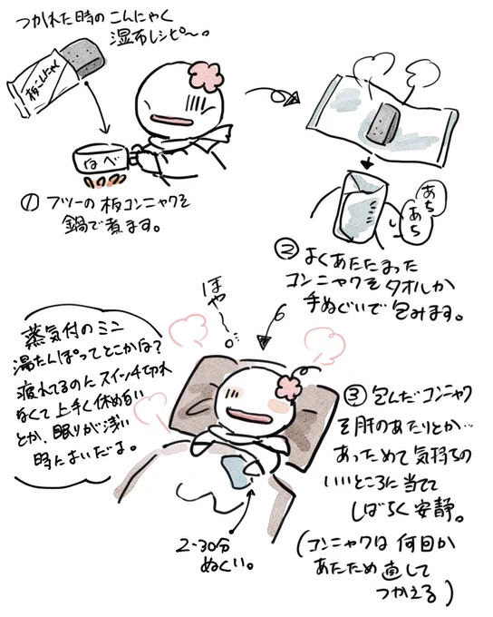 どーも体調がぱっとしない状態が続く友達がいたので、そういう時の私の手当の一つ_(┐「ε:)_こんにゃく湿布のレシピ。 