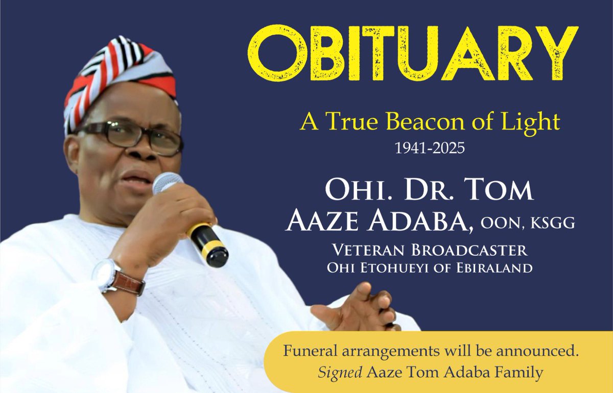 With deep gratitude to God Almighty and in loving memory of our husband, father, grandfather, brother, uncle, leader, teacher and friend Ohi. Dr. Aaze Tom Adaba, (OON, KSGG); who went to be with the Lord on February 22, 2025, at 83. We celebrate his undeniable legacy.

Funeral