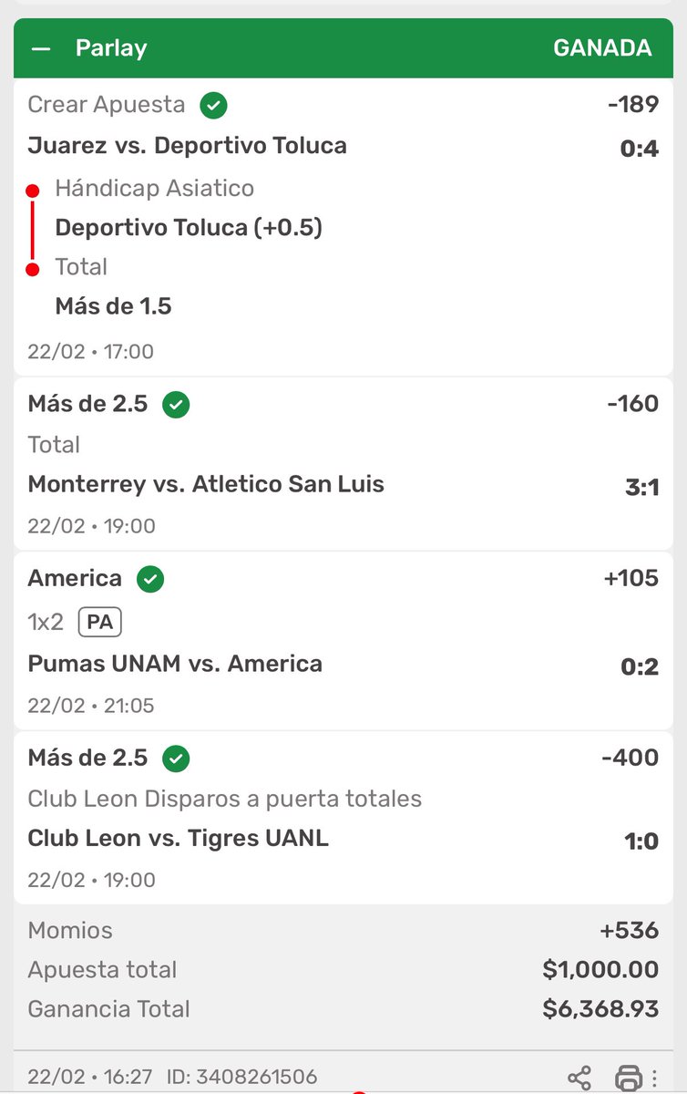 larabasado's tweet photo. ¡GANAMOS HASTA LO INGANABLE! 

¡TARDE PERFEEEECTAAAAAA! 

PARLAY +503 ✅

RAYADOS -1 ✅

OVER TIROS PACHUCA ✅

AMÉRICA DO + 1.5 ✅

Cerca de $8,500 pesos ganados en 4 horas. QUE LOCURA. PEGAMOS TODO

❤️ si me seguiste. Quiero ver todo tu apoyo en esta publicación https://t.co/HHJSZDIaJj