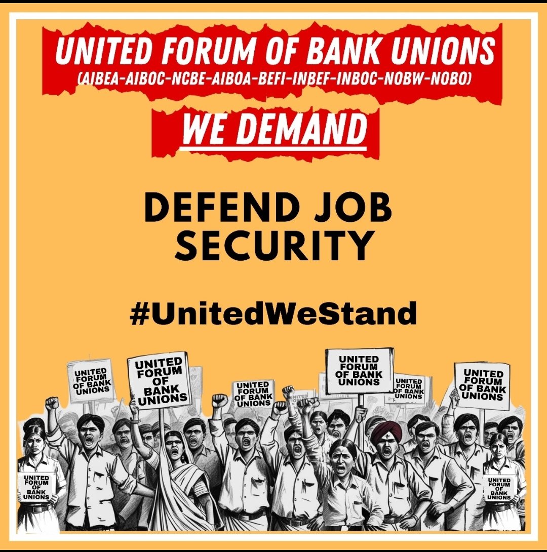 United Forum of Bank Unions demand Job security. We defend job security hence we oppose outsource or contractual jobs.
#UnitedWeStand
<a href="/nsitharamanoffc/">Nirmala Sitharaman Office</a> <a href="/nsitharaman/">Nirmala Sitharaman</a> <a href="/PMOIndia/">PMO India</a> <a href="/ChairmanIba/">Chairman IBA</a> <a href="/DFS_India/">DFS</a> <a href="/LabourMinistry/">Ministry of Labour & Employment, GoI</a> <a href="/AdvisorLaborLaw/">Labour Law Advisor 🇮🇳</a> <a href="/DTuljapurkar/">Devidas Tuljapurkar</a>
