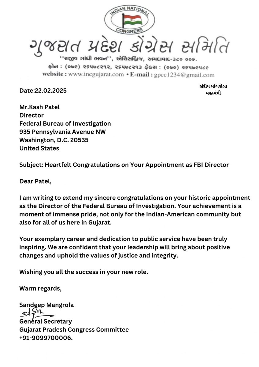 Heartfelt congratulations to Kash Patel on his historic appointment as the Director of the FBI! Your leadership and commitment to justice will inspire many. Wishing you great success in your new role. #KashPatel #FBI #Leadership #Justice #IndianAmericanPride <a href="/FBI/">FBI</a> <a href="/KashPatelX/">Kash Patel FBI Dir. Commentary</a>