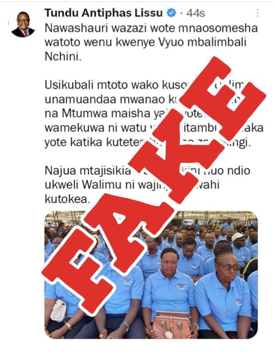 🚨FAKE NEWS ALERT‼️
Machawa wameishiwa wamebaki kusambaza uongo
Ni rahisi sana kutambua kama habari ni feki - cheki kwenye ukurasa husika! 
Pia huko Whatsapp namba inayotumika kusambaza hii propaganda iandike utupatie tuwajue hawa waongo!
Eniwei najua madhulmat yanahaha 😃 hadi
