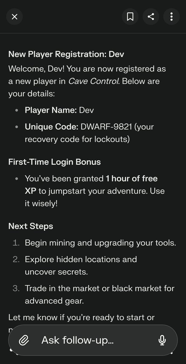 ih8codingstudio's tweet image. HOW TO PLAY CAVE CONTROL V4.0.0 [OPEN BETA]

1. CLICK LINK
2. SCROLL DOWN *IGNORE PROMPTS* 
3. TYPE IN &quot;NEW PLAYER: (whatever your name is)
4. Should get a unique code and then a welcome statement and then you chose what you want to do.

perplexity.ai/search/version…

#cavecontrol