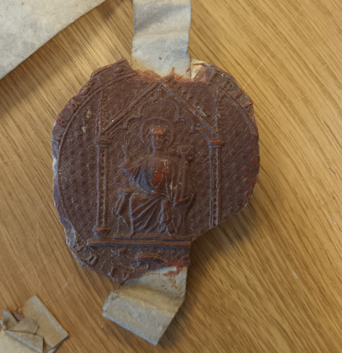 A very impressive seal belonging to Risdeárd Ó hÉidigheáin, archbishop of Cashel, attached to a letter from 1429 at <a href="/NLIreland/">National Library of Ireland</a>