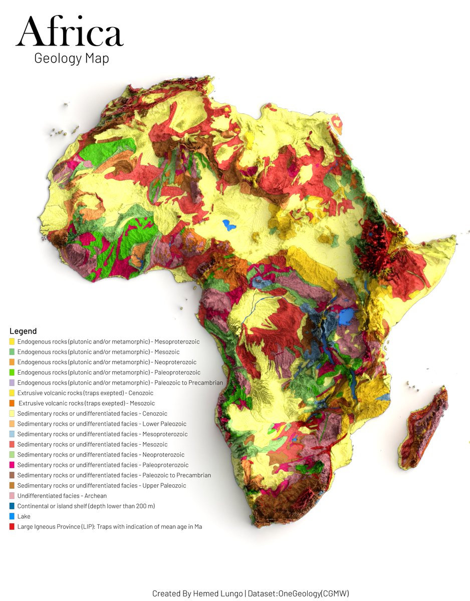725Hemeed's tweet photo. A Map🗺️ Showing Geology of Africa Continent , Dataset is OneGeology #Africa #EastAfrica #WestAfrica #SouthAfrica #NorthAfrica #Soil #Soiltype #geology #map #dataviz #gischat #geospatial #dataviz #qgis #b3d #Blender https://t.co/WdT61YcxkG