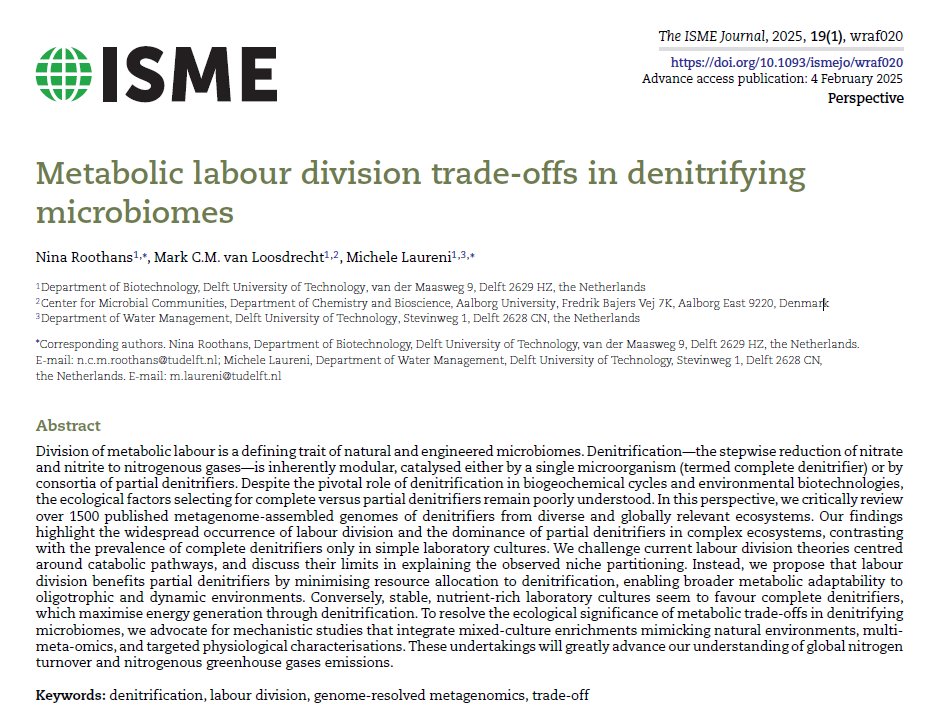 Nina Roothans (@ninaroothans) on Twitter photo Why do partial denitrifiers dominate everywhere we look in nature? And why don't we see this back in lab cultures? These were the questions that led us to write a Perspective <a href="/ISMEJournal/">The ISME Journal</a>🦠<a href="/MicheleLaureni/">Michele Laureni</a> <a href="/MarkvLoosdrecht/">Mark van Loosdrecht </a>
doi.org/10.1093/ismejo… Why do partial denitrifiers dominate everywhere we look in nature? And why don't we see this back in lab cultures? These were the questions that led us to write a Perspective <a href="/ISMEJournal/">The ISME Journal</a>🦠<a href="/MicheleLaureni/">Michele Laureni</a> <a href="/MarkvLoosdrecht/">Mark van Loosdrecht </a>
doi.org/10.1093/ismejo…
