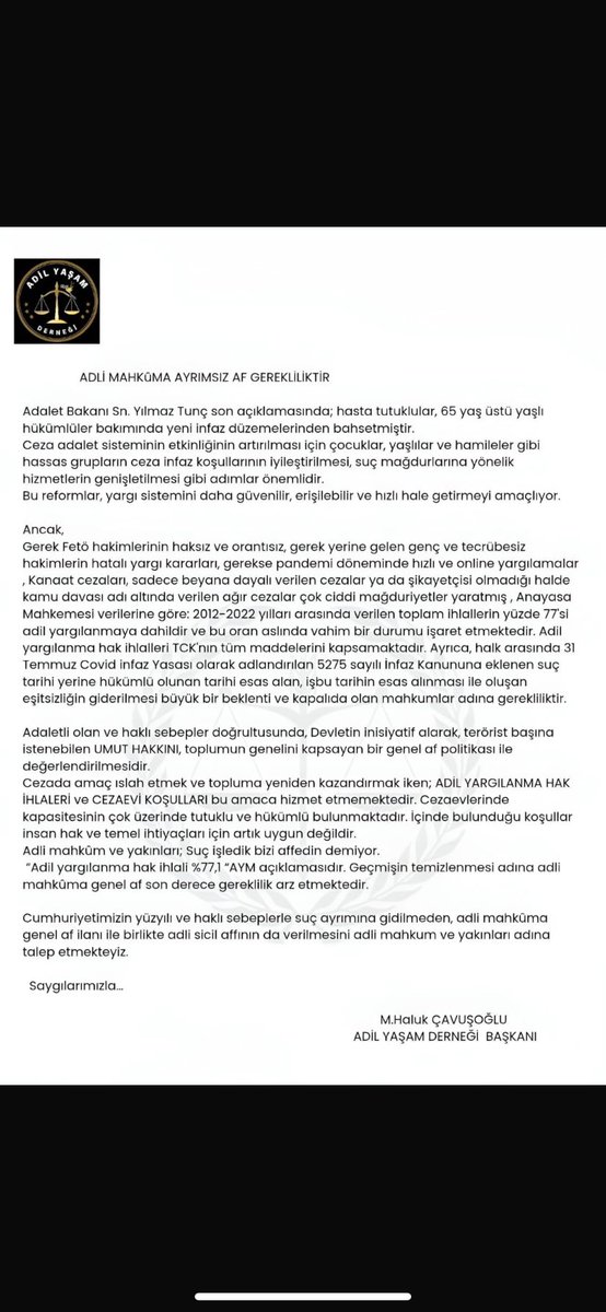 Af siyasi değil vicdan işidir vicdanlara sesleniyoruz adil yargilanmadık haksız yere ömürlük cezalar verildi af istiyoruz kurtarın hayatları. YüzYılAffı BarışıSağlar
<a href="/RTErdogan/">Recep Tayyip Erdoğan</a>
<a href="/yilmaztunc/">Yılmaz TUNÇ</a> <a href="/Mhalukcavusoglu/">M.Haluk Çavuşoğlu</a> <a href="/dbdevletbahceli/">Devlet Bahçeli</a> <a href="/eczozgurozel/">Özgür Özel</a> <a href="/adalet_bakanlik/">T.C. Adalet Bakanlığı</a>
