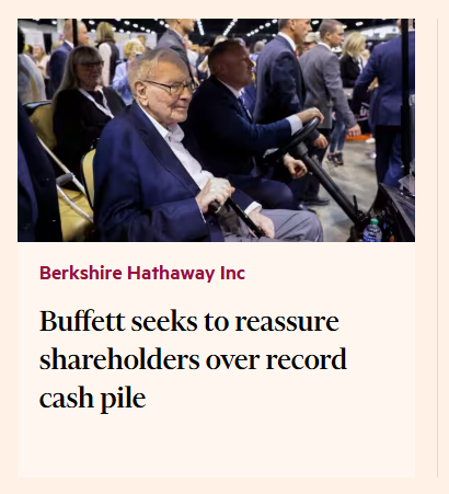 ContraInvest's tweet photo. Me parto 🙃

Buffett teniendo que tranquilizar a sus inversores para explicarles que su gigantesca (la mayor de su historia en %) posición en efectivo y Letras no es un cambio de filosofía de inversión.

Resumen: el mercado está carísimo y no encuentra oportunidades. https://t.co/3ocCT7nKmZ