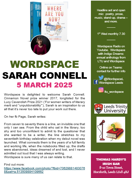 Wordspace is delighted to welcome Sarah Connell. Cinnamon Novel prize winner 2017, longlisted for the Lucy Cavendish Prize 2021 (‘For women writers of literary merti and “unputdonability”’), Sarah is an inspiration to us all that it’s never too late to put your work out there.