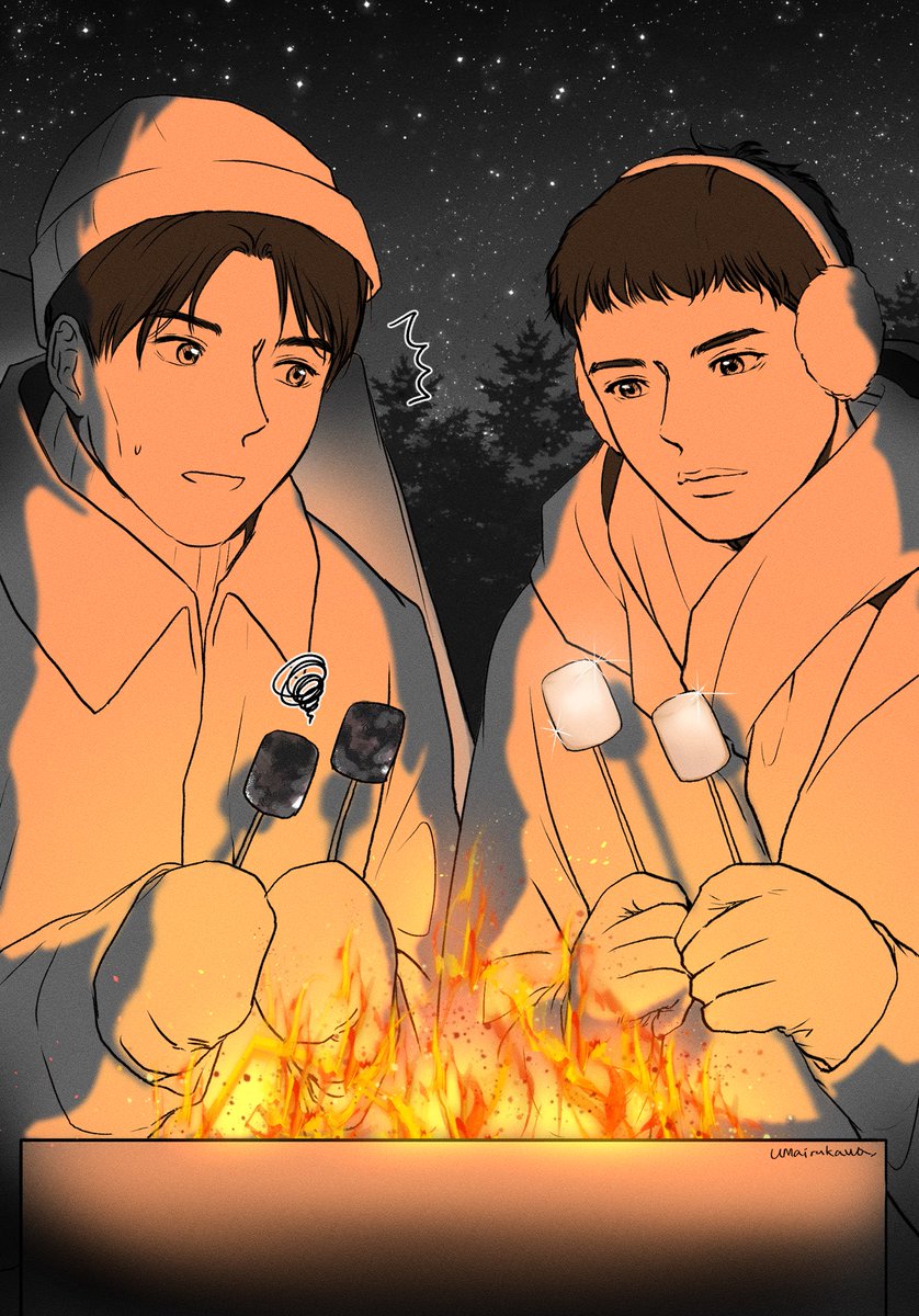 즉석 리퀘 캠핑 불멍 동오명헌을 완벽하게 그려주신 <a href="/umairukawa/">딜루🏀</a> 
마시멜로우 태워 먹은 동오와
굽기에 진심인 명헌이 너무 귀여와오ㅠ