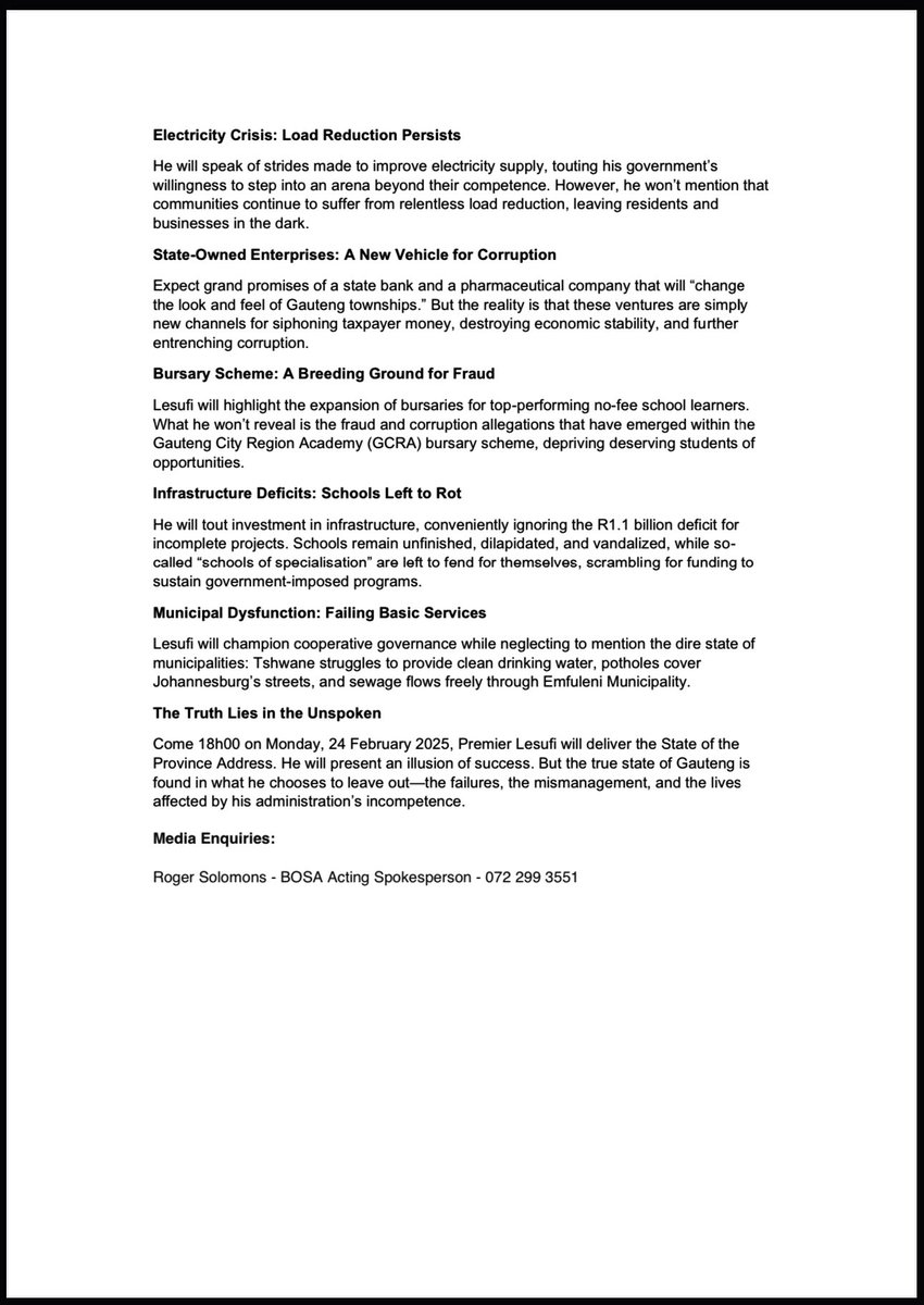 ‼️Media Statement‼️ 

Panyaza Lesufi is destroying Gauteng Province. If you can’t run a province you have no business aspiring to run South Africa.