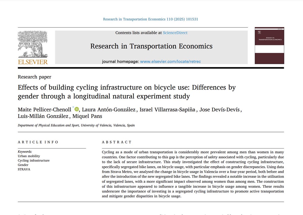 Miquel Àngel (@ma_pans) on Twitter photo 🗞️ Efectes de la creació d'infraestructura ciclista en l'ús de la bicicleta: Diferències per gènere a través d'un estudi longitudinal d'experiment natural🚲
👇Accés lliure👇
doi.org/10.1016/j.retr…
✍️ <a href="/maite_pellicer/">Maite Pellicer</a> <a href="/I_Villarrasa/">Israel Villarrasa-Sapiña</a> <a href="/_laura_anton/">Laura Antón</a>
<a href="/CdCienciaUV/">UCC+i UV</a> <a href="/asociacionruvid/">Asociación RUVID</a> 🗞️ Efectes de la creació d'infraestructura ciclista en l'ús de la bicicleta: Diferències per gènere a través d'un estudi longitudinal d'experiment natural🚲
👇Accés lliure👇
doi.org/10.1016/j.retr…
✍️ <a href="/maite_pellicer/">Maite Pellicer</a> <a href="/I_Villarrasa/">Israel Villarrasa-Sapiña</a> <a href="/_laura_anton/">Laura Antón</a>
<a href="/CdCienciaUV/">UCC+i UV</a> <a href="/asociacionruvid/">Asociación RUVID</a>