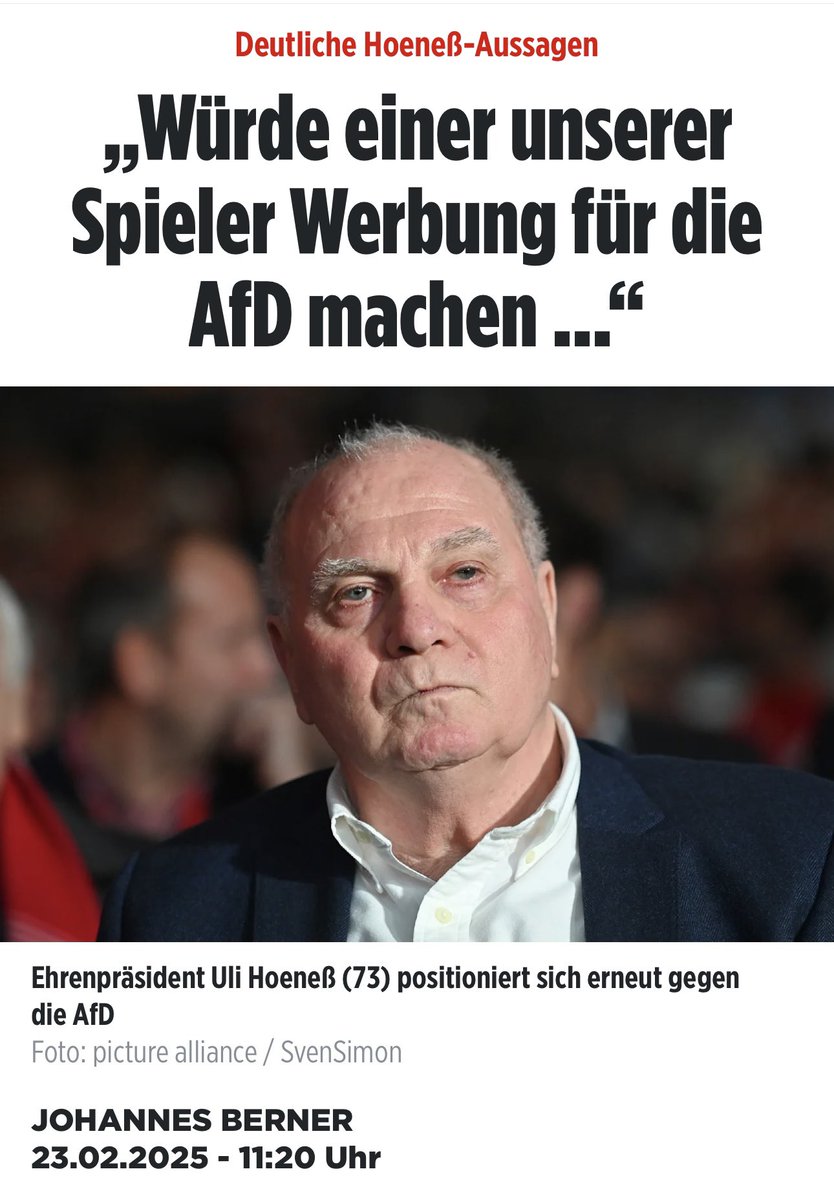 Uli Hoeneß, trauriger Systemknecht, hetzt gegen die AfD, Demokratieverständnis Spieler erpressen 
#FCBayern #Meinungsfreiheit #AfD