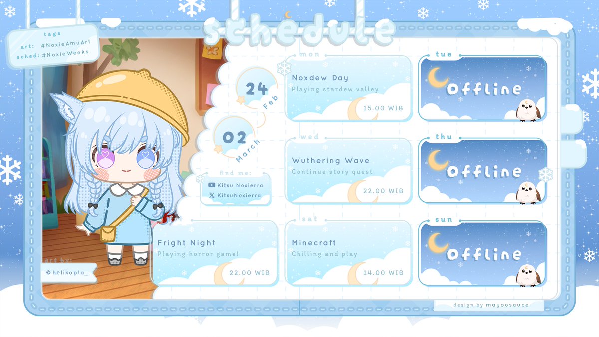 [ WEEKLY SCHEDULE ]
🗓️ 24 February 2025  -  2 March 2025

Let's gooo and have fun yay!!

#NoxieWeeks ⋆ Schedule 
#Noxieclip ⋆ Clip 
#Noxielive ⋆ Live 
#NoxieAmuART ⋆ Fanart 
#NoxieDumb ⋆ Meme
#NoxiePing ⋆ Alert

Schedule design by 
<a href="/mayoosauce/">mayoo ⭑ waitlist open!</a> 
 
Art by 
<a href="/helikopta_/">Helikopta</a>