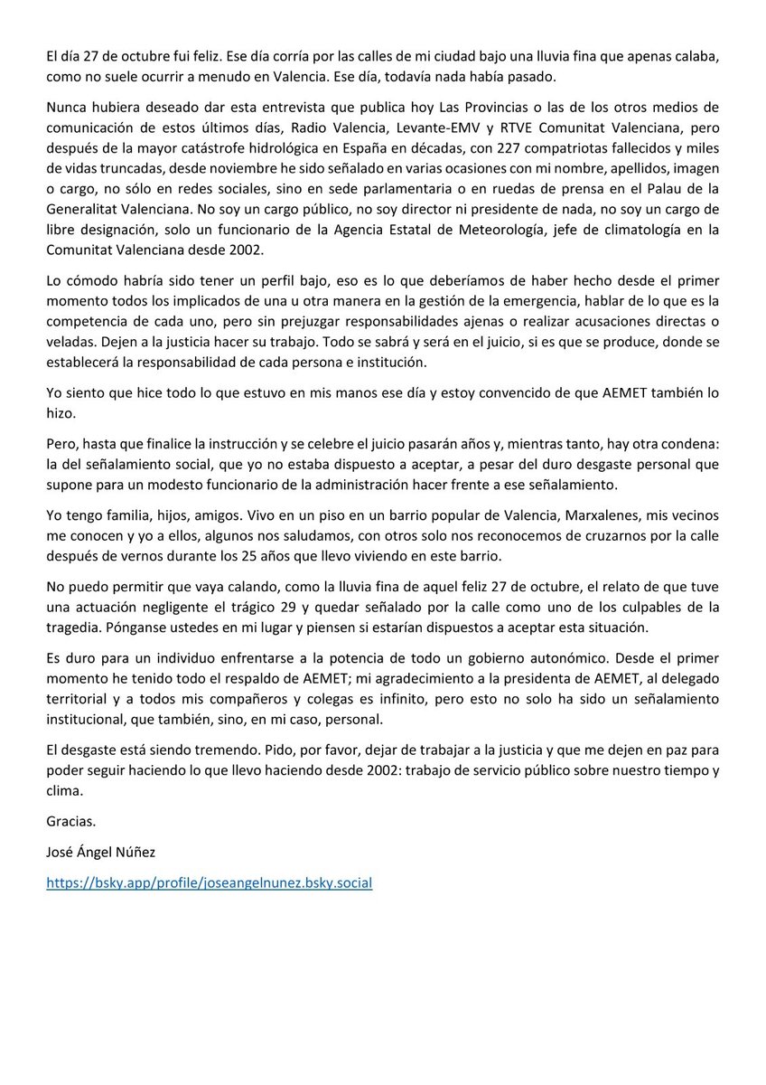 Rubén del Campo (@rub_dc) on Twitter photo Comparto aquí las palabras de mi compañero José Ángel Núñez, jefe de climatología de <a href="/AEMET_CValencia/">AEMET Comunitat Valenciana</a>.
Es una persona honesta y un gran profesional al que se ha señalado injustamente. Espero que este texto sirva para reflexionar. Comparto aquí las palabras de mi compañero José Ángel Núñez, jefe de climatología de <a href="/AEMET_CValencia/">AEMET Comunitat Valenciana</a>.
Es una persona honesta y un gran profesional al que se ha señalado injustamente. Espero que este texto sirva para reflexionar.