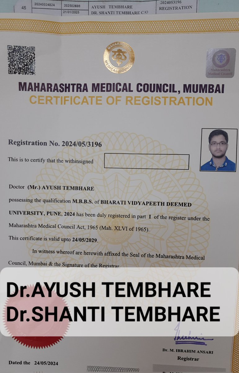 AdvNitinesh's tweet photo. Dr.AYUSH TEMBHARE (आयुष) Dr.SHANTI TEMBHARE का MBBS का सर्टिफिकेट गलती से मेरे ऑफिस (कुंजन नगर) में दे गया है,I.D. के साथ मुझसे प्राप्त करले,कोई सर्टिफिकेट का दुरुपयोग ना कर ले इसलिए पोस्टमैन या थाने में दे देंगे,Adv Nitinesh Thakur 9425138285 @PuneCityPolice @ndtvindia @aajtak https://t.co/XIXCe28I8b
