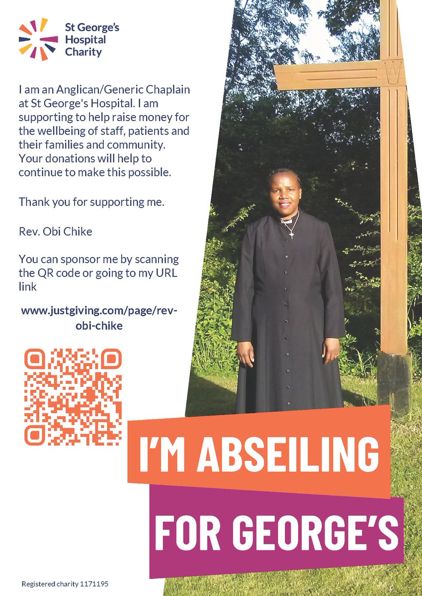 🗣️I am an Anglican/Generic Chaplain at St George's Hospital. I am supporting to help raise money for the wellbeing of staff, patients and their families and community. 

👉You can sponsor me by scanning the QR code or going to my URL link: ow.ly/FEHN50V4h30