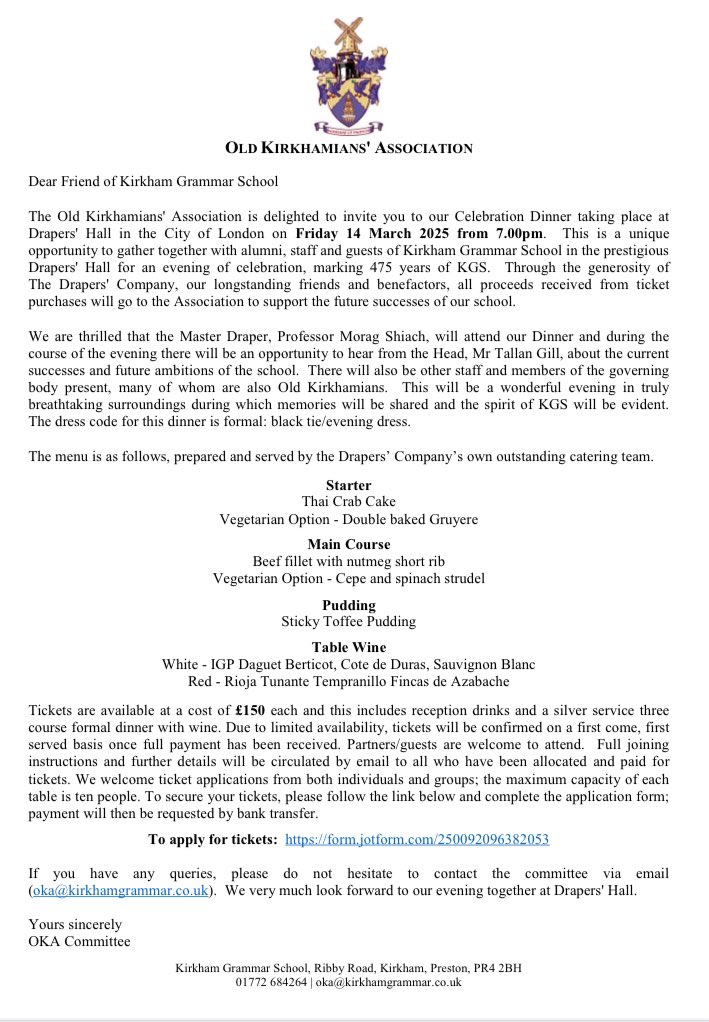 A Celebration of 475 Years of KGS

We are looking forward to welcoming Old Kirkhamians, young and old, to the Drapers’ Hall in London on 14th March to celebrate 475 years of KGS. To book a ticket, please use this link: form.jotform.com/250092096382053

#KGS475 #kgsfamily