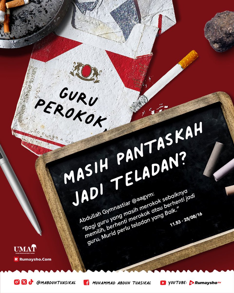 Kami sepakat dengan pendapat <a href="/aagym/">Abdullah Gymnastiar</a>: Guru seharusnya menjadi teladan yang baik. Kalau masih merokok, lebih baik berhenti atau tinggalkan profesi sebagai pendidik.

Tapi, bagaimana menurutmu? Apakah guru perokok masih bisa dianggap sebagai teladan? Yuk, diskusi di kolom komentar!