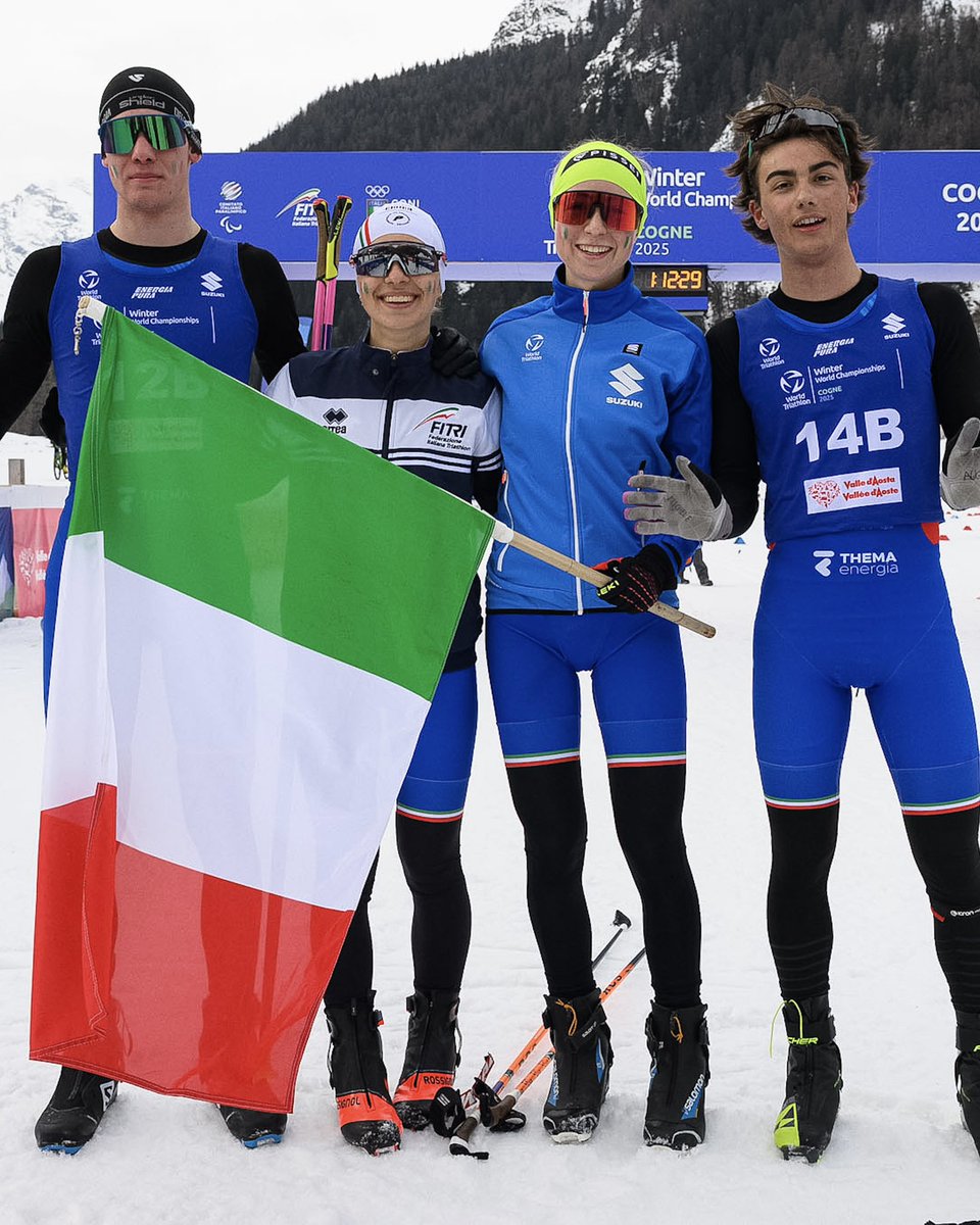 worldtriathlon's tweet photo. Dream Team 🤩

Your 2025 2X2 Mixed Relay podium toppers ⤵️

Elite:
🥇 Team Czech Republic 🇨🇿 
🥈 Team Italy 🇮🇹 
🥉 Team Norway 🇳🇴 

Junior:
🥇 Team II Italy 🇮🇹 
🥈 Team I Italy 🇮🇹 

#WinterChamps #WinterTri https://t.co/nGmiHiOsxG