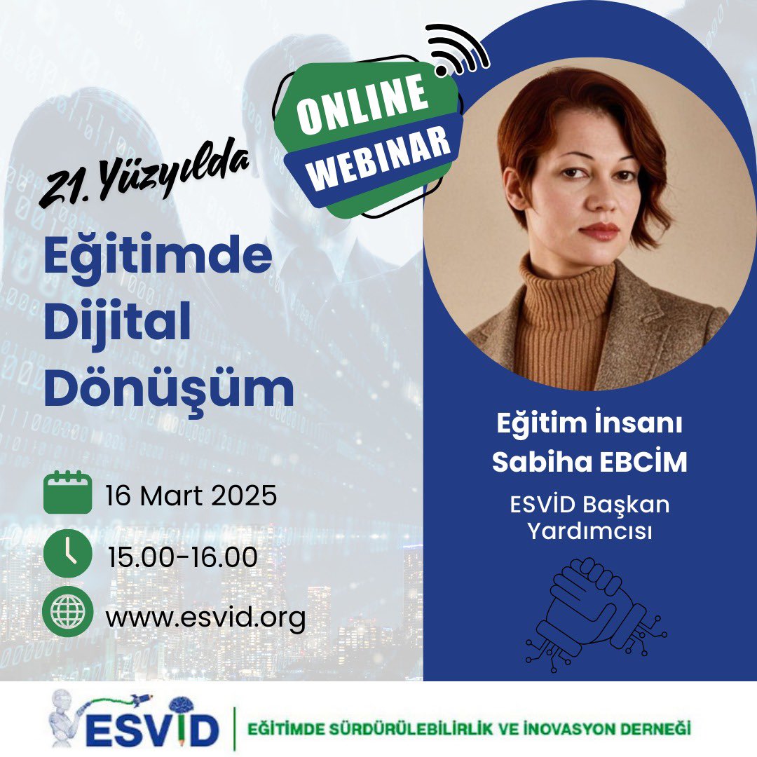 Eğitimde dijitalleşme, çağın gereklilikleriyle birlikte hızla ilerliyor! 💻📚
ESVİD olarak düzenlediğimiz “21. Yüzyılda Eğitimde Dijital Dönüşüm” başlıklı online webinarda, dijital dönüşümün eğitimdeki etkilerini ve geleceğini konuşacağız.

Kayıt İçin: forms.gle/v5mbQGaAC65UhF…