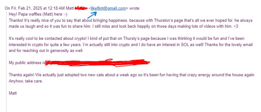 basedgigapepe's tweet photo. proof of email from papa waffles

hes a top holder

#thurston 

9pnDLVWmWyccy6HhZKcCiwrQEBX1UHQ5ikKPo5xrpump

not everyday do you have a clut cat meme owner send his solana address for #thurston 

higher sooner https://t.co/604hsTB6sd