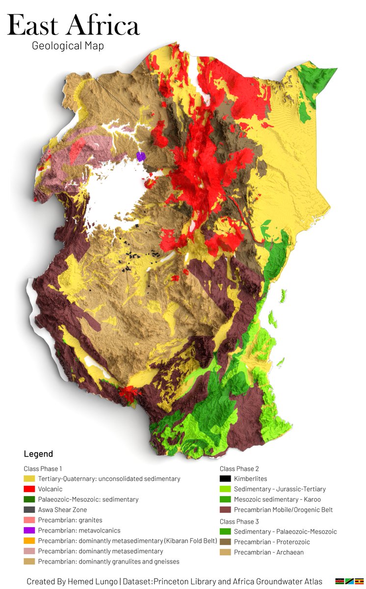A Map🗺️ showing Geology of East Africa ,Dataset is from Africa Groundwater Atlas by <a href="/BritGeoSurvey/">British Geological Survey</a>   #Tanzania #Uganda #EastAfrica #geology #geospatial #gischat #Africa #dataviz #render #naturalearth #qgis #blender #b3d