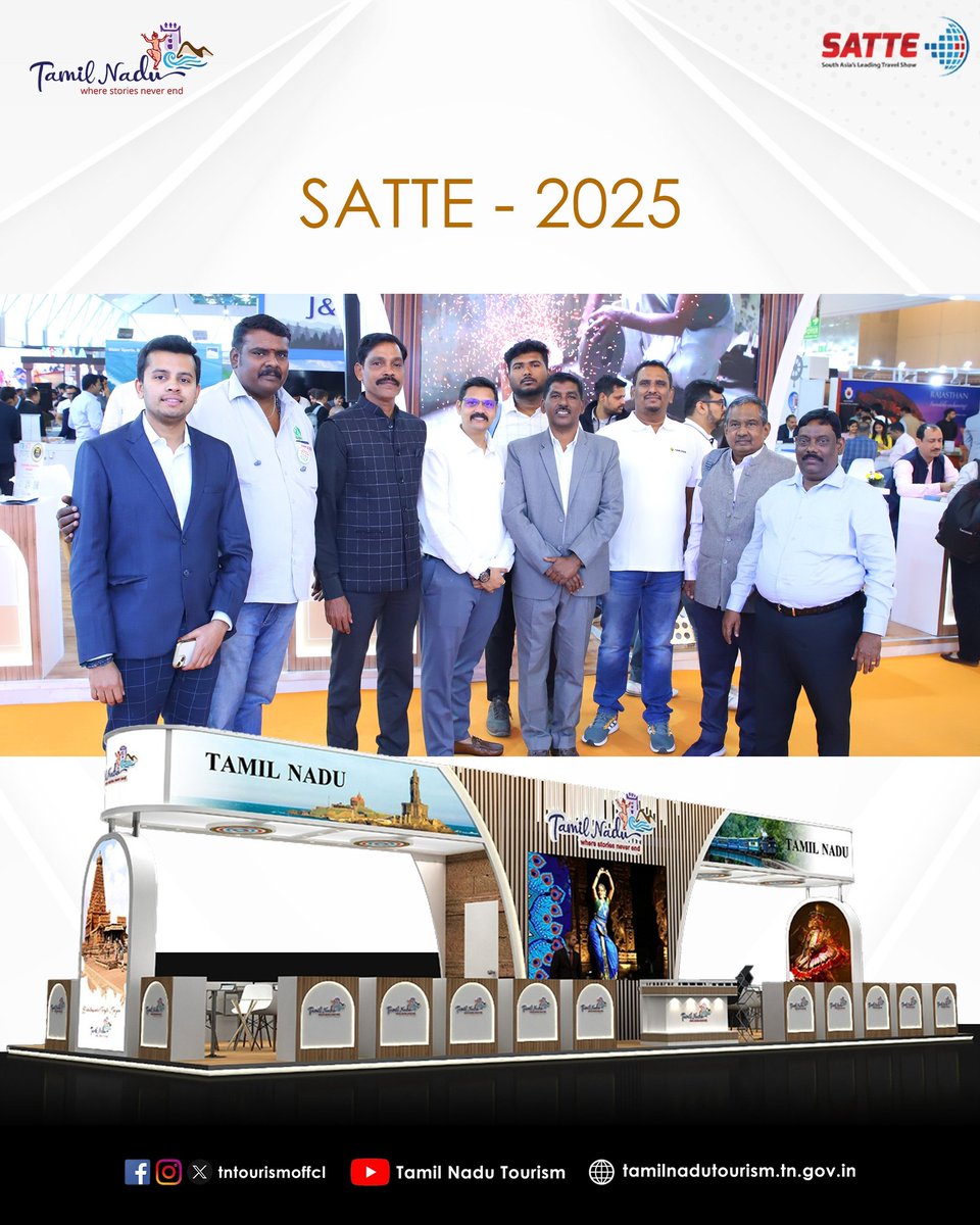 tntourismoffcl's tweet photo. Tamil Nadu Tourism participated in SATTE 2025, fostering key industry engagements with global stakeholders. The three-day event in New Delhi provided a strategic platform for Tamil Nadu Tourism to showcase its diverse tourism offerings. #tamilnadutourism #satte #travelexpo https://t.co/N0LYXJuKhH