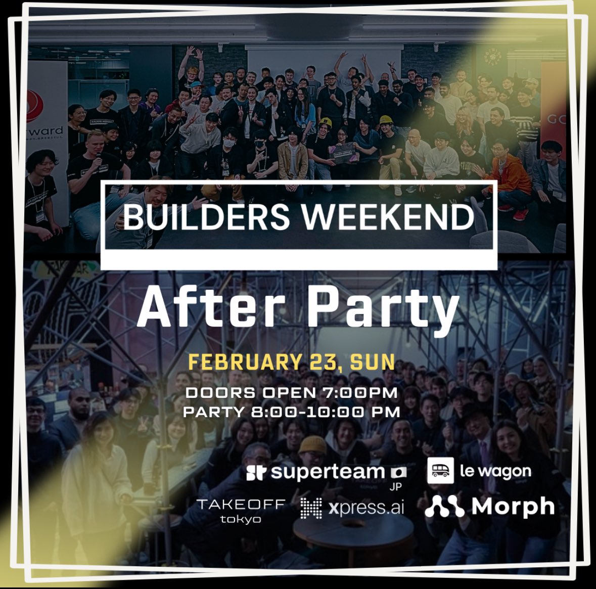 BuildersWeekend's tweet photo. 🎉 Builders Weekend Afterparty! 🎉
After 3 intense days of building, it’s time to celebrate! Join us at 19:30 for drinks, networking, and good vibes🍻🚀
🔗 RSVP here: https://t.co/V1d6XgWTMO
#BuildersWeekend
#TakeoffTokyo2025 https://t.co/7KT2XmSDZ0