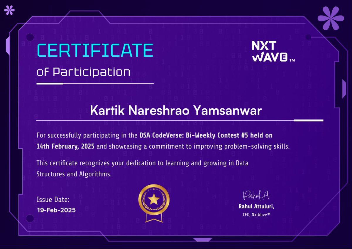 KartikYamsanwar's tweet image. Just wrapped up DSA CodeVerse: Biweekly Contest 5 and received my certificate! 🎉
This challenge pushed my coding limits and strengthened my problem-solving skills. 💡💪
Big thanks to #NxtWave for an amazing experience! Excited for the next challenge. 🚀
#NxtCode #DSACodeVerse