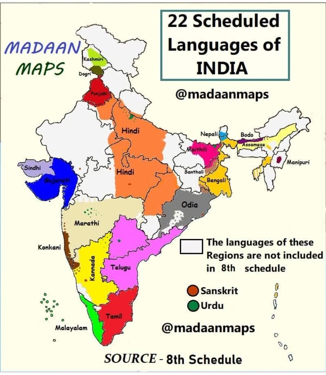 RajasthanScion's tweet photo. 22 Scheduled Languages of India with their territory
*For Hindi, linguistic classification of Western Hindi & Eastern Hindi is used.
Credits: Madaan Maps
@dmuthuk @VarierAravind @ajavgal @malnadkoos @abhispake https://t.co/n1EzoCel1q