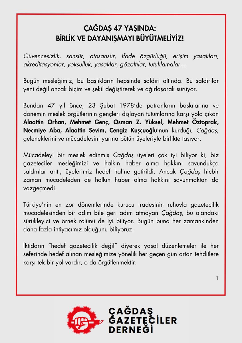 cgdgenelmerkez's tweet photo. ÇGD 47 yaşında.

"Meslektaşlarımıza olduğu kadar topluma da bir çağrımız var."

#GazetecilikSuçDegildir 

https://t.co/FhF7PpVm1U https://t.co/CnLRp5TzEe