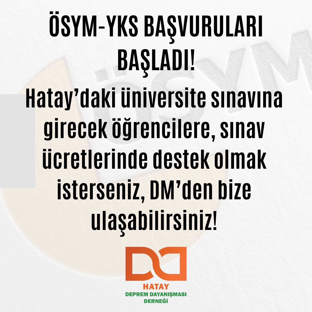 ÖSYM-YKS Başvuruları başladı!
Hatay’daki üniversite sınavına girecek öğrencilere sınav ücretlerinde destek olmak isterseniz, DM’den bize ulaşabilirsiniz!
Dayanışma yaşatır 🌿
#hatay #ösym #yks2025