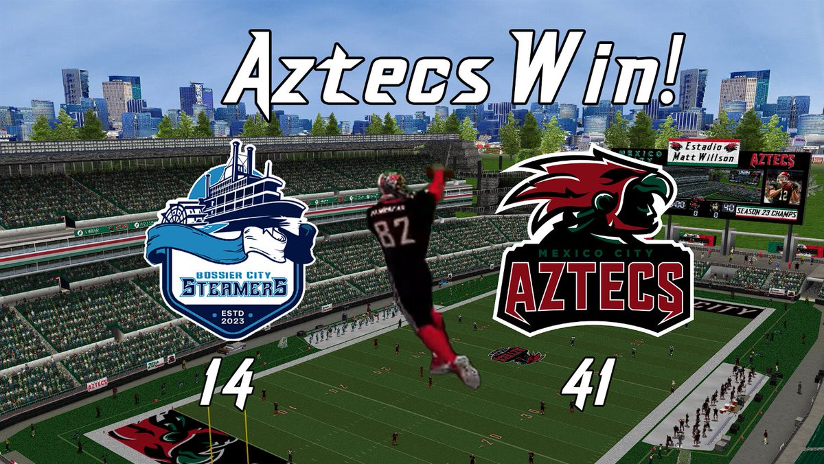 Mexico City Aztecs (@sflaztecs) on Twitter photo The Aztecs continue their winning streak in a dominating match against the Steamers!
<a href="/simulationfl/">Simulation Football League</a> <a href="/BCSteamers2023/">BossierCitySteamers</a> #AztecEmpire The Aztecs continue their winning streak in a dominating match against the Steamers!
<a href="/simulationfl/">Simulation Football League</a> <a href="/BCSteamers2023/">BossierCitySteamers</a> #AztecEmpire