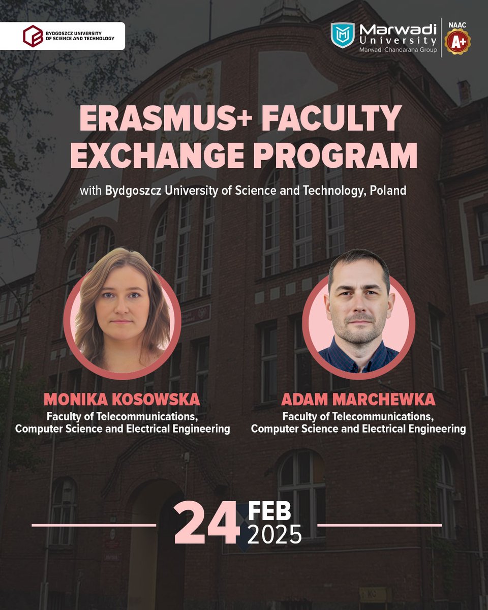 Marwadi University extends a warm welcome to Monika Kosowska &amp; Adam Marchewka from Bydgoszcz University of Science &amp; Technology under the Erasmus+ Faculty Exchange Program. 

We are excited to engage in meaningful discussions and explore new avenues of research together!
