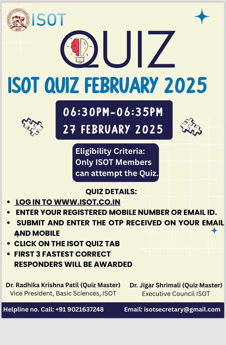 Indian society Organ Transplantation (@indiasotx) on Twitter photo Join the exciting #ISOT QUIZ
🗓️ 27th February 2025
🎁All ISOT MEMBERS can participate 
🏆Dont miss ur chance to win prizes🏆 
Just log on to isot.co.in Join the exciting #ISOT QUIZ
🗓️ 27th February 2025
🎁All ISOT MEMBERS can participate 
🏆Dont miss ur chance to win prizes🏆 
Just log on to isot.co.in