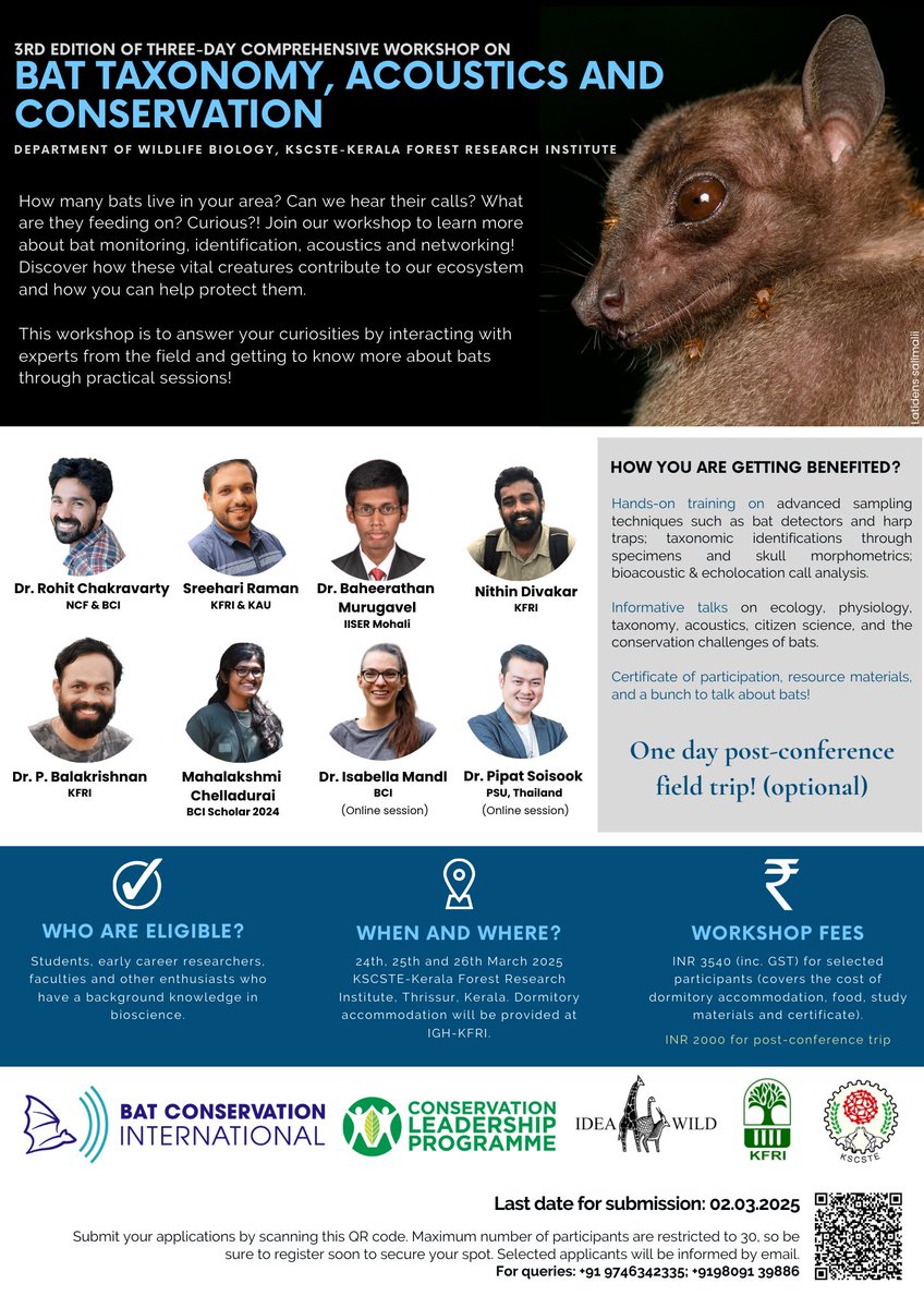 Three-day  workshop on “Bat taxonomy, acoustics, and conservation <a href="/kscste_kfri/">KERALA FOREST RESEARCH INSTITUTE</a> 
Do apply:
docs.google.com/forms/d/1Adj8J…