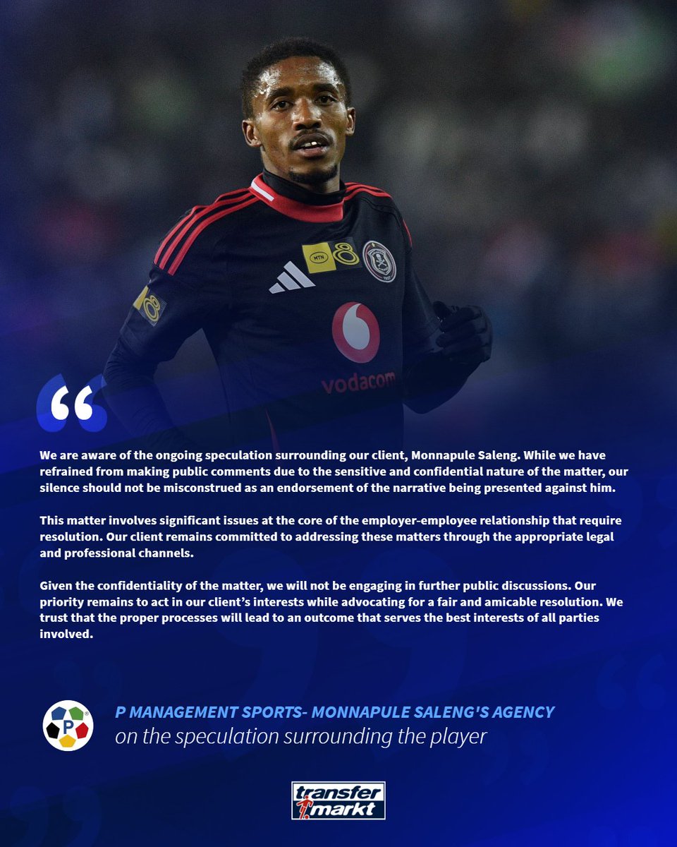 sahil_e_'s tweet photo. 𝗦𝗔𝗟𝗘𝗡𝗚 𝗦𝗧𝗔𝗧𝗘𝗠𝗘𝗡𝗧

Monnapule Saleng's agency P Management Sports have come out with a statement this morning. 📢

This follows weeks of speculations surrounding the player and is the first communication from an official party involved with the player. ✅ https://t.co/FfbPUWsrdM