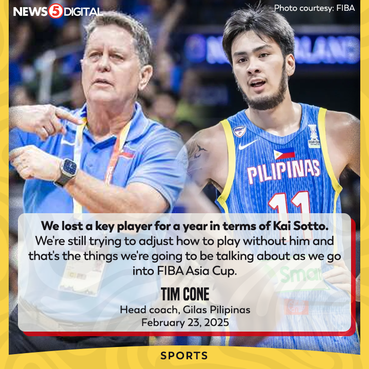 News5PH's tweet photo. MISSING KAI

Aminado si #GilasPilipinas head coach #TimCone na nag-a-adjust sila sa pagkawala ni Kai Sotto. Nagtala ang 7-foot-3 center ng 15.5 points, 12.5 rebounds, at 3.8 assists sa apat na laro sa 2025 #FIBA #AsiaCup Qualifiers. #News5 https://t.co/HpOC5z4gkS