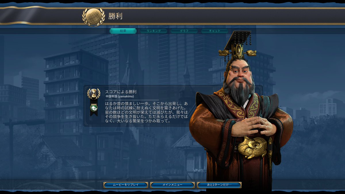 Civ6マルチをやりました
ランダム指導者で始皇帝さんになりました
120ターン制限で最後の最後に1位に躍り出られて良かったです