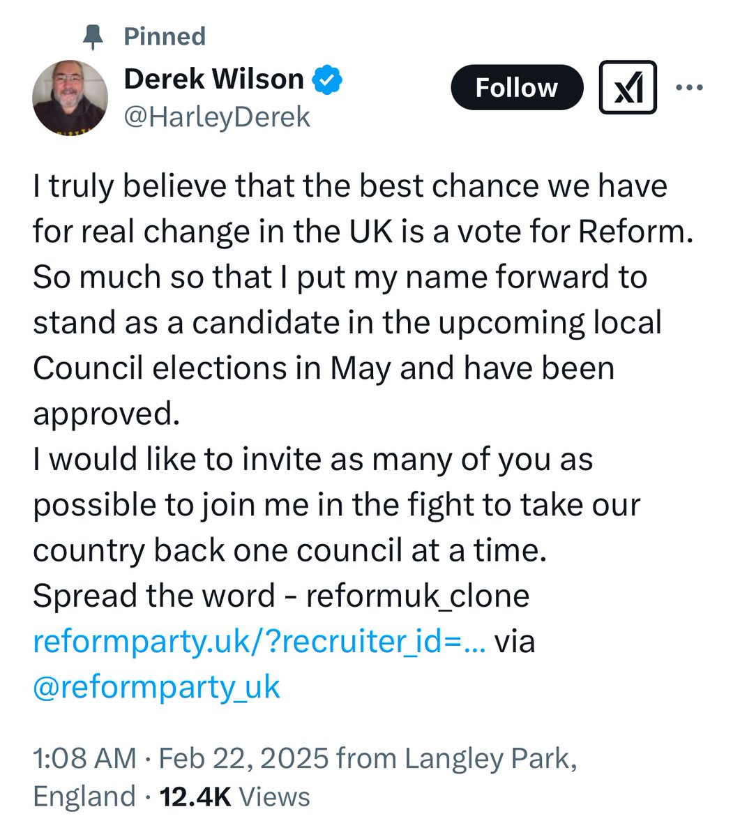 Good luck <a href="/HarleyDerek/">Derek Wilson</a> on being selected as a candidate for <a href="/reformparty_uk/">Reform UK</a>.

And good luck to #ReformUK’s vetting team on explaining how he made it through the process.