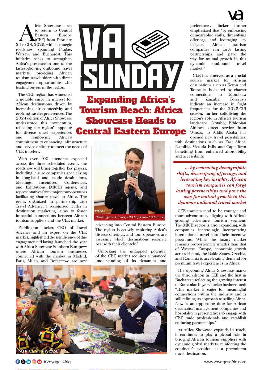 #VoyagesAfriq #VASunday brings you key tourism insights!

Africa Showcase returns to Central Eastern Europe from Feb 24-28, 2025, expanding Africa’s tourism reach.

Paddington Tucker, CEO of Travel Advance, highlights the region’s potential.

Read more: voyagesafriq.com/2025/02/23/exp…
