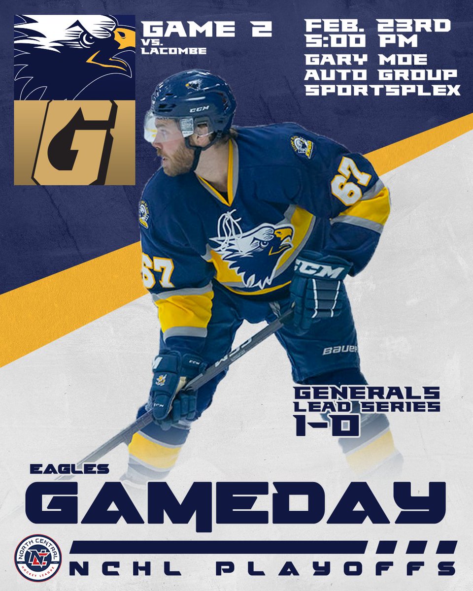 IT'S AN EAGLES PLAYOFF GAME DAY! 🦅

A trip to Lacombe for Game 2️⃣ of our Semi Finals series takes place tonight as the Eagles look to even the series at one game a piece!

Puck drop is set for 5:00 PM from the Gary Moe Auto Group Sportsplex!