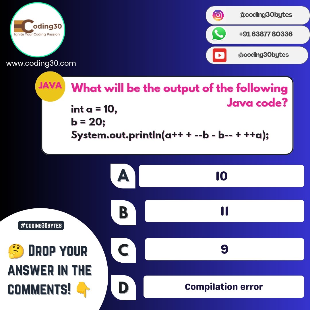 im_coding30's tweet image. Comment your answer below! 👇
🚀 Subscribe youtube.com/@coding30Bytes for more Java tricks & interview questions
#Java #Coding #JavaInterview #JavaTricks #Programming #DeveloperLife #InterviewPrep #SpringBoot #CompetitiveProgramming #CodeWithMe