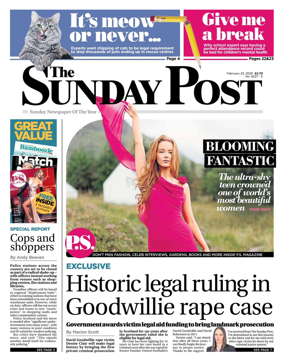 In today's Sunday Post:

• Footballer Goodwillie to face private criminal prosecution after landmark legal ruling

• Stations to be replaced by touch-point policing under shake-up plans

• Frustrated patient skips long NHS waiting list to go for hip op care package in France