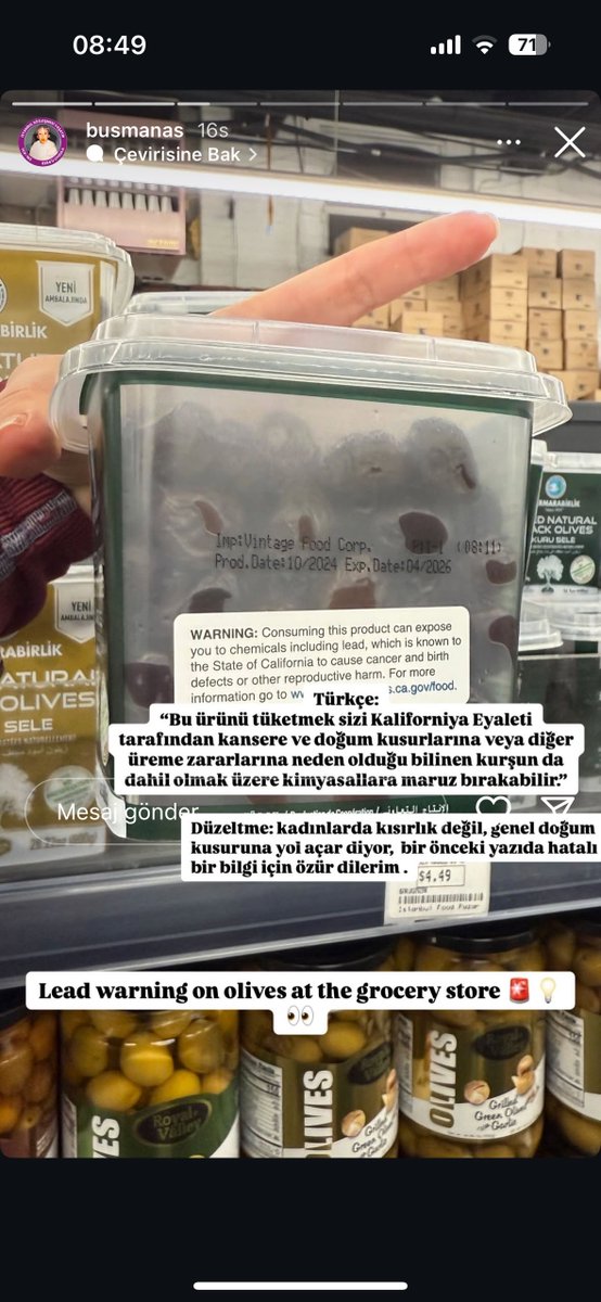 Amerika’da satışı yapılan Marmara Birlik zeytinlerinin üstüne ağır kurşun ve metal içerdiğine dair uyarı yazıları yapıştırıldı.