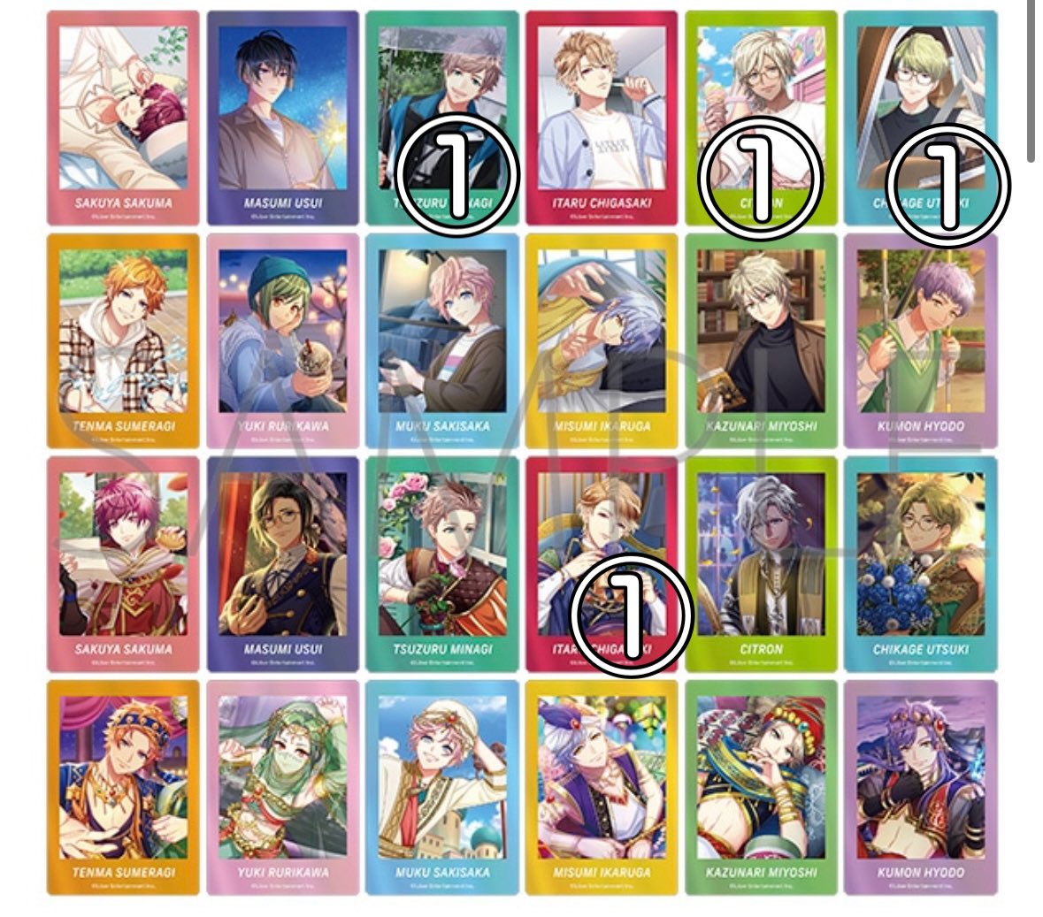ube_03's tweet photo. 【交換】A3！ ぱしゃこれ オンリーショップ 特典 ｱﾆﾒｲﾄ

譲】
通常:綴 至 シトロン 千景 十座 太一  莇 丞 誉 ガイ 東
箔:太一(前)① 万里(後)①
8周年:真澄 

求】
通常 紬(後前) 九門(後)
箔: 紬(後)
8周年:紬

23.24池袋手渡しのみ↓ https://t.co/goxAEmMRfI
